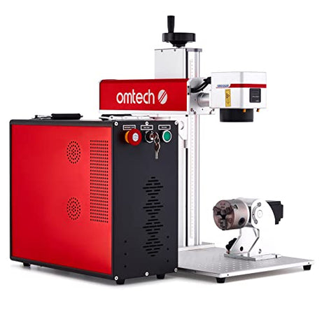 OMTech 30W Fiber Laser Engraver with Rotary Axis, LightBurn Compatible MOPA Laser Marking Machine with Red Dot Guide for Metal Color Marking, 7x7 Solid State Laser Marker Etcher for Aluminum Gold More OMTech