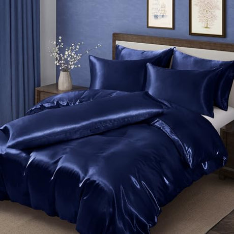 MILVOWOC 6 Pcs Navy Blue Satin Duvet Cover Full/Queen Size Set, Silky Bed Duvet Cover Ultra Soft Comforter Cover, 1 Satin Duvet Cover, 1 Body Pillowcase, 4 Pillow Cases (No Comforter) MILVOWOC
