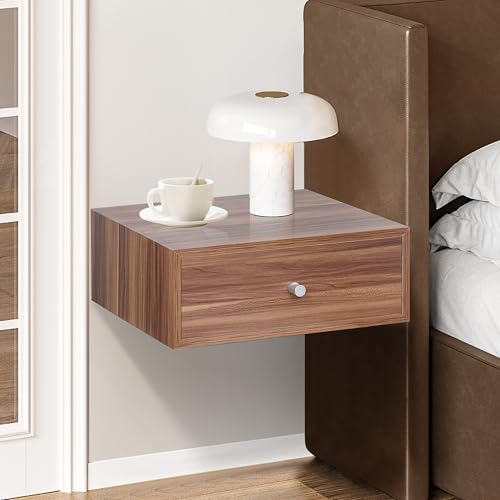 LOFTEY Floating Nightstand with Drawer, Wood Floating Bedside Table, Wall Mounted Nightstand, Floating Drawer for Bedroom, Walnut - WoodArtSupply