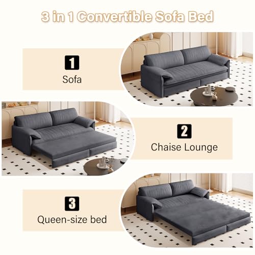 CAPCAEK 66'' Queen Pull Out Sofa Bed, 3 in 1 Convertible Sleeper Couch, Velvet Loveseat Futon Lounge Recliner with Thicked Cushions and Side Storage for Living Room, Apartment, Small Space CAPCAEK