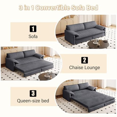 CAPCAEK 66'' Queen Pull Out Sofa Bed, 3 in 1 Convertible Sleeper Couch, Velvet Loveseat Futon Lounge Recliner with Thicked Cushions and Side Storage for Living Room, Apartment, Small Space CAPCAEK