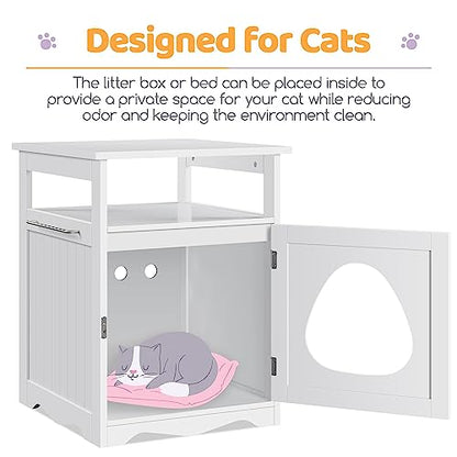 Yaheetech Cat Litter Box Enclosure, Hidden Litter Box Furniture with Open Shelf, Indoor Cat Washroom, Storage Cabinet Pet Crate, Side End Table, Wooden Pet House White
