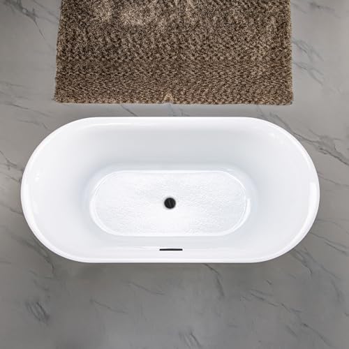 WOODBRIDGE 59" Acrylic Freestanding Bathtub Contemporary Soaking Tub with Matte Black Overflow and Drain, White Tub WOODBRIDGE