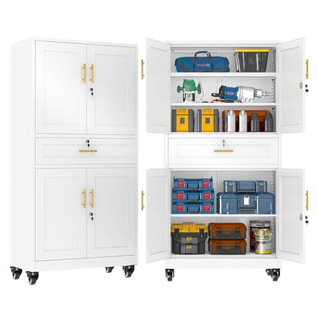 GAIOUS 71” Tall Metal Garage Storage Cabinet with Wheels and Drawer, Steel File Cabinet for Home Office, Tool Cabinet with 4 Locking Doors and 3 Adjustable Shelves, Rolling Cabinet for Garage - White GAIOUS