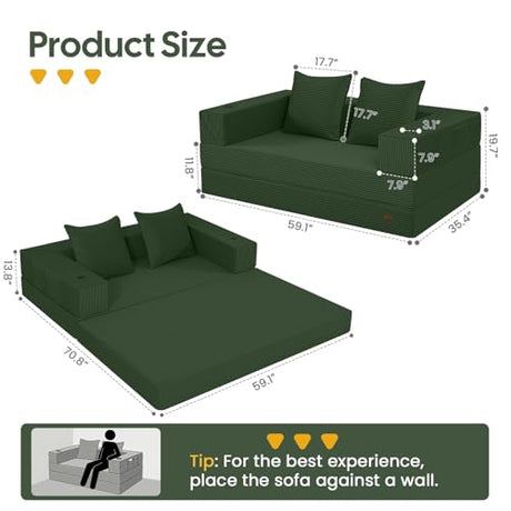 COMAX Futon Sofa Bed, 4‑in‑1 Convertible Sofa Bed, Folding Boneless Couches for Living Room, Fold Out Small Foldable Loveseat Floor Sleeper Comfy Mattress Lounge Space‑Saving, Green COMAX