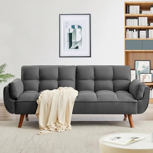 Homies Life Convertible Futon Sofa Bed, Linen Sleeper Couch, 75" W Modern 3 Seater Tufted Sofa with Solid Wood Legs and Adjustable Backrests for Small Spaces, Living Room, Bedroom, Dark Gray Homies Life