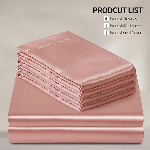 Manyshofu 6Pcs Rose Gold Duvet Cover Set Queen Size - Satin Fitted Sheet & Pillowcases, Silky Duvet Cover Manyshofu