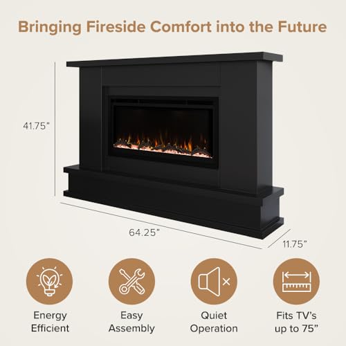 Modern Ember Patton Black Mantel Package 64" W x 42" H with 42 Inch Electric Fireplace - 5 Flame Colors, 10 Ember Bed Colors, Log Kit & Crystal Embers | Alexa/WiFi Enabled Modern Ember