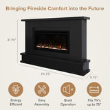 Modern Ember Patton Black Mantel Package 64" W x 42" H with 42 Inch Electric Fireplace - 5 Flame Colors, 10 Ember Bed Colors, Log Kit & Crystal Embers | Alexa/WiFi Enabled Modern Ember