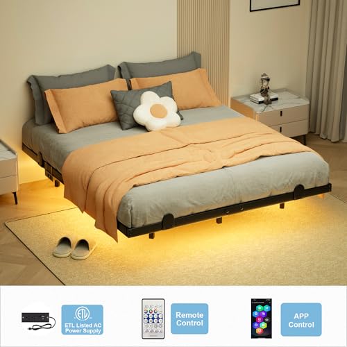 LUKIROYAL Floating Bed Frame King Size with Smart LED Lights and Charging Station - 14 Inch Modern Floating Beds, Bed Frame with Lights, Easy Assembly No Box Spring Needed LUKIROYAL