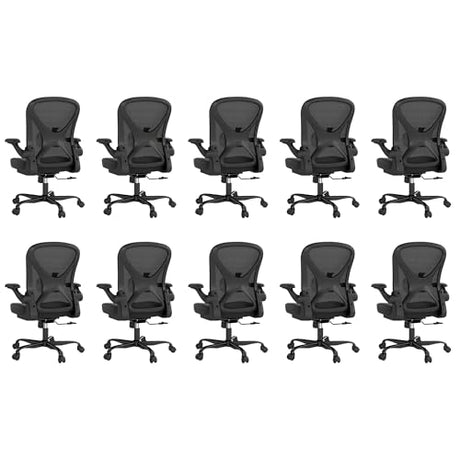 ZZH Ergonomic Office Chair Set of 10 with Adjustable Lumbar Support, Mesh Home Office Desk Chair with Wheels and Flip-up Arms, Black ZZH