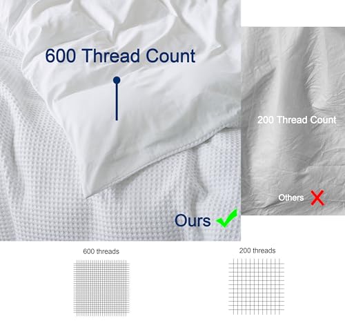 100% Egyptian Cotton Duvet Cover Set Queen Size, Waffle Weave Duvet Cover, 600 TC Soft Breathable Luxury Textured Bedding Set for All Season, 3 PCS, 1 Duvet Cover and 2 Pillowcases, White, 90"x90" Zaizaihome