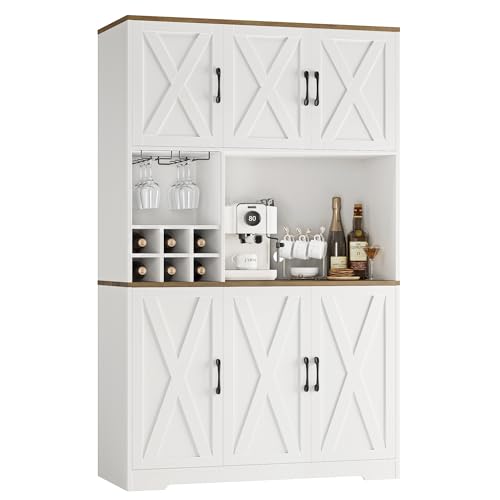 HOSTACK Kitchen Pantry Storage Cabinet, 71" Tall Food Pantry Cabinet with Microwave Stand, Farmhouse Kitchen Hutch Cabinet, Coffee Bar Hutch with Wine Rack for Dining Room, Living Room, White - WoodArtSupply