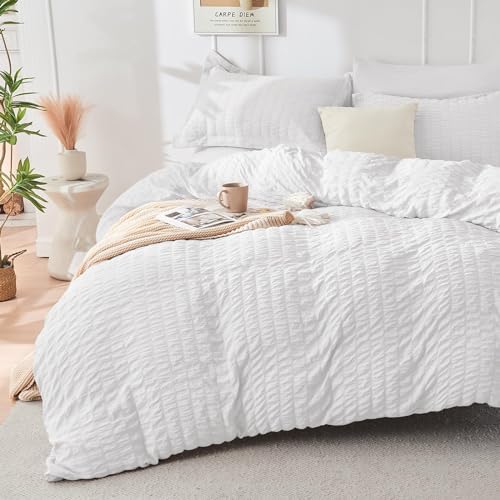 HYMOKEGE White California King Comforter Set Seersucker 7 Pieces, All Season Luxury Bed in a Bag for Bedroom, Bedding Set with Comforters, Sheets, Pillowcases & Shams HYMOKEGE