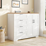GarveeHome Multifunctional Wooden Dresser for Bedroom, 43.3'' H 2 Door Wardrobe Armoire Closet with 4 Drawers and Hanging Rod, Low Storage Cabinet for Hanging Cloth, White and Brown GarveeHome