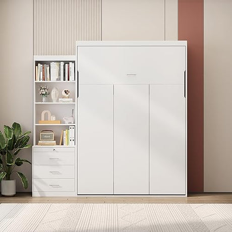 Harper & Bright Designs Full Size Murphy Bed, Morden Full Vertical Murphy Bed Frame with Shelf and Drawers, Wall Bed Hidden Bed Gas Struts, White Harper & Bright Designs