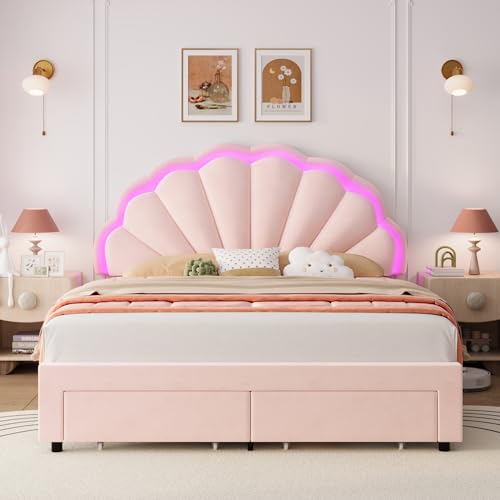 HIFIT Queen Upholstered Smart LED Bed Frame with 2 Storage Drawers & Adjustable Chic Double Petal Headboard, Velvet Princess Platform Bed with Solid