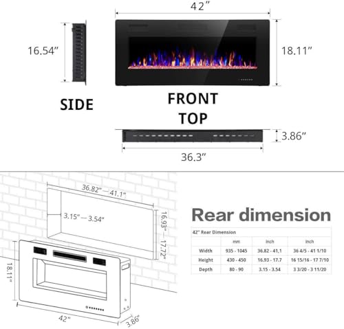 R.W.FLAME 42IN Recessed and Wall Mounted, The Thinnest Fireplace, Low Noise, Fit for 2 x 6 and 2 x 4 Stud, Remote Control with Timer, Touch Screen, Adjustable Flame Color and Speed R.W.FLAME