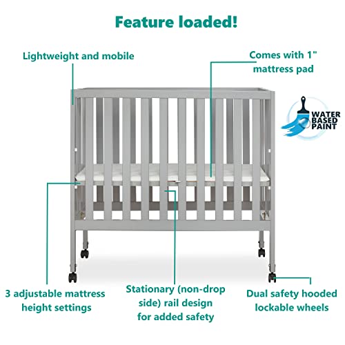 Dream On Me Jett Non-Full Size Folding Convertible Crib, Lightweight Portable Crib, Three Adjustable Mattress Height Settings, Easy to Fold Travel Crib, 1.5” Mattress Pad Included