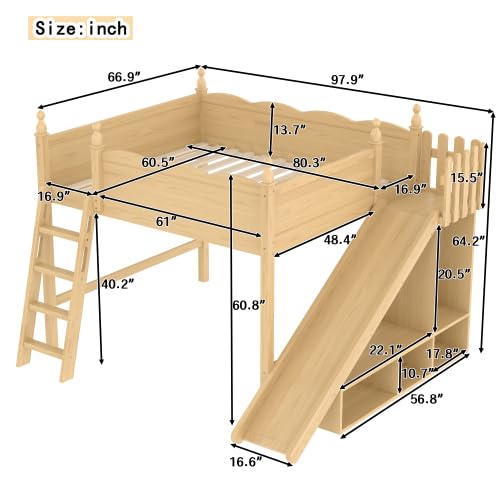 Bellemave Queen Size Kids Loft Bed with Storage Shelves & Cabinet, Solid Wood Loft Bed Frame with Detachable Slide & Ladders for Girls Boys (Natural/Queen) Bellemave