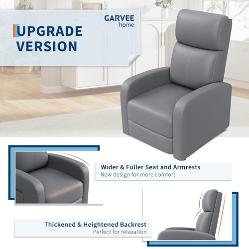 Garvee Recliner Chair for Adults, Leather Lazy Recliner Ergonomic Adjustable Single Sofa Enhanced with Side Pocket, Tall Back, Wide Arms & Padded Seat, Home Theater Seating for Living Room, Grey