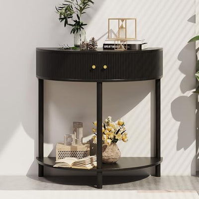 Trironsun Fluted Half Moon Console Table 2 Tier Narrow Entryway Table with Storage for Small Space Modern Wood Sofa Table with Doors and Gold Knobs Boho Home Decor