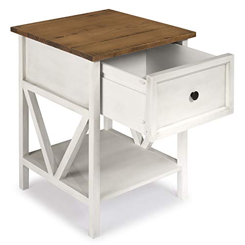 Walker Edison Natalee Modern Farmhouse 1 Drawer Wood Square Side Table Living Room Small End Accent Table, 19 Inch, Rustic Oak and White - WoodArtSupply