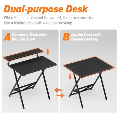 WOHOMO Folding Computer Desk with Adjustable Height, 23.6" x 31.5" x 25.6" Foldable Table with Monitor Stand, Small Office Desk for Bedroom, Space Saving Desk for Home Office, Easy Assemble, Black WOHOMO