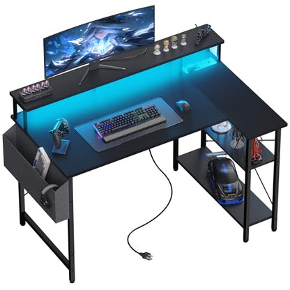 TIQLAB Gaming Desk with Power Outlets and LED Lights, 47 Inch L Shaped Computer Desk with Monitor Stand and Storage Shelves, Corner Desk Small Computer Table Desk for Home Office, Carbon Fibe - WoodArtSupply