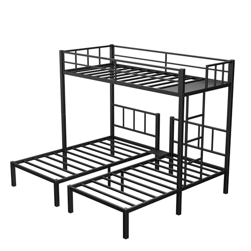 Mixcous Heavy Duty Triple Bunk Bed, Twin Over Twin Over Twin with Guardrails and Ladder, Metal Bunk Bed for 3, 3 Bed Teens and Adults, No Box Spring Needed, Black