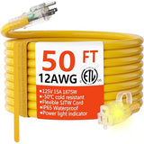 12/3 Gauge Heavy Duty Outdoor Extension Cord 50 ft Waterproof with Lighted end, Flexible Cold-Resistant 3 Prong Electric Cord Outside, 15Amp 1875W 12AWG SJTW, Yellow, ETL HUANCHAIN huanchain