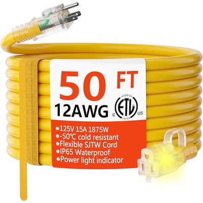 12/3 Gauge Heavy Duty Outdoor Extension Cord 50 ft Waterproof with Lighted end, Flexible Cold-Resistant 3 Prong Electric Cord Outside, 15Amp 1875W 12AWG SJTW, Yellow, ETL HUANCHAIN