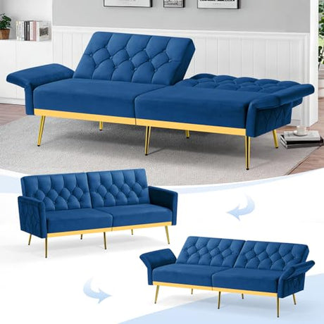 ACMEASE Velvet Futon Sofa Bed w/Adjustable Armrests & Backrests, Button Tufted Sleeper Couch, Modern Convertible Loveseat Sofa for Bedroom, Living Room, Apartment, Blue ACMEASE