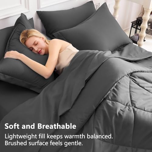CozyLux Queen Comforter Set Dark Grey - Bed in a Bag Queen Size 7 Pieces, Luxury Soft Bed Set for All Seasons, Bedding Set with Comforter, Sheets, Pillowcases & Shams, Dark Gray, Queen CozyLux