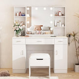 Vabches Makeup Vanity Table with Lighted Mirror & Power Strip, Large Vanity Set Vanity Desk with Storage Stool, 3 Lighting Modes, Brightness Adjustable, 45.2in(L) Vabches
