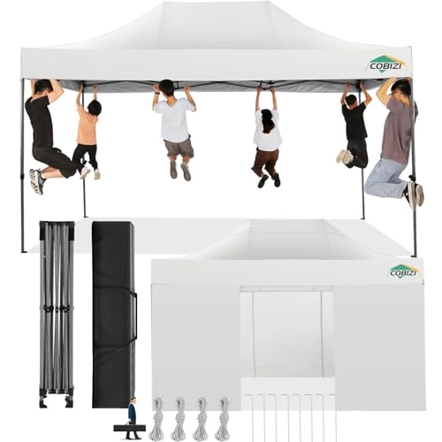 COBIZI 10x15 Pop Up Canopy with 4 Sidewall,Heavy Duty Canopy UPF 50+ All Season Wind Waterproof Commercial Outdoor Wedding Party Tents for Parties Gazebo with Carry Bag(10 x 15 ft White) COBIZI
