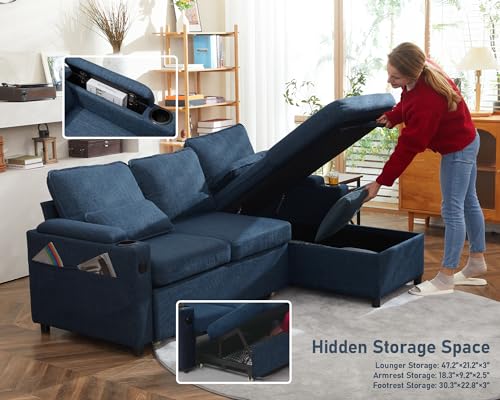 DURASPACE Sofa Bed Sleeper Pull Out 2 in 1 Sectional Sleeper Sofa Couches with Storage,USB, Cup Holder,Pullout Sectional Couches for Apartment Living Room (Blue) DURASPACE