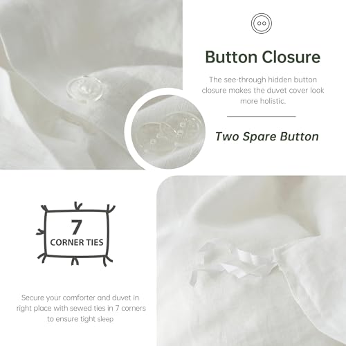 Simple&Opulence 100% Linen Duvet Cover Set, 3 PCS Natural French Flax White Duvet Cover Queen Size, Breathable Soft Comfy Linen Bedding Comforter Cover with 2 Pillowcases(White, 88"x92") Simple&Opulence