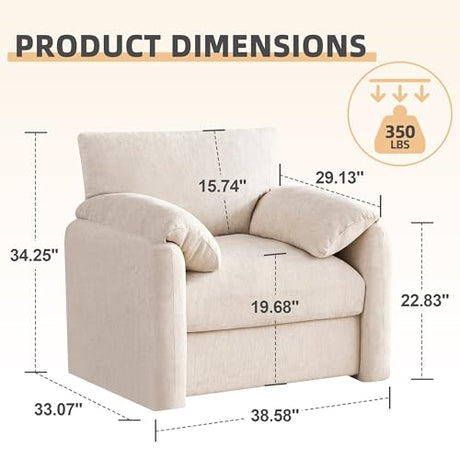 Howjoe Chenille Oversized Armchair, 38.6" Wide Accent Chairs for Living Room & Bedroom Modern Lounge Chair, Upholstered Mid-Century Reading Chair, Comfy Living Room Chair, Single Sofa Chair, Beige Howjoe