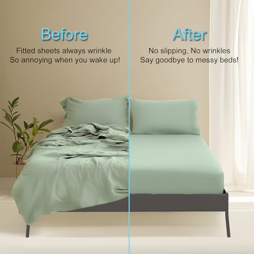 Popfavor Deep Pocket Full Fitted Sheet with Straps - Fits Mattresses Up to 21" Thick - 3 Piece Bed Sheets - Moisture Wicking, Cooling & Soft Fitted Sheet & Pillow Cases (Light Green) Popfavor