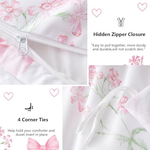 Jolusere Floral Duvet Cover Queen Pink Bow Bedding Set for Girls Kids, Princess Style Bowknot Flower Design, Coquette Duvet Cover Set 3 Pieces, 2 Pillowcases, 100% Microfiber Jolusere