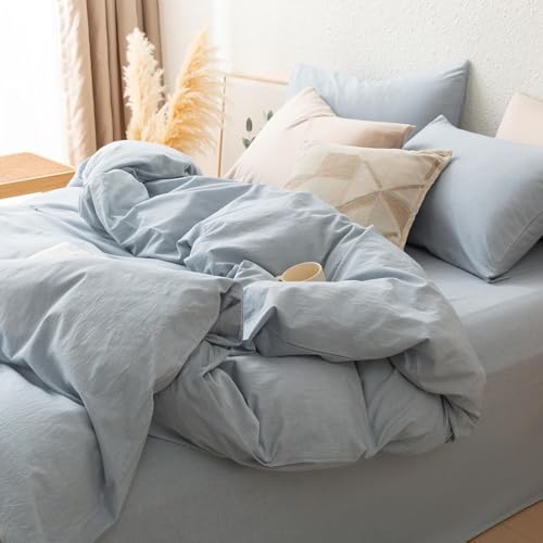 linenestbedding 100% Washed Cotton Duvet Cover Set Queen Size with Bag, Ultra Soft and Lightweight, All Season Bedding with Zipper and Ties, Minimalist Neutral Style (Dusty Blue, Queen(90"x90")) linenestbedding