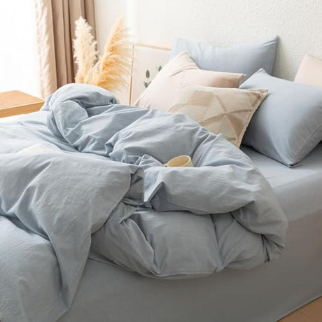 linenestbedding 100% Washed Cotton Duvet Cover Set Queen Size with Bag, Ultra Soft and Lightweight, All Season Bedding with Zipper and Ties, Minimalist Neutral Style (Dusty Blue, Queen(90"x90")) linenestbedding