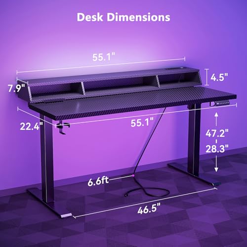 OffiGo Gaming Standing Desk with LED Light, 55 Inch Electric Height Adjustable Table with Power Outlet & Monitor Stand, Sit Stand Computer Workstation for Home, Bedroom, Black OffiGo