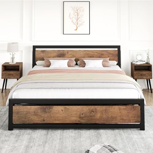 GAOMON Queen Size Bed Frame with Wood Headboard, Industrial Queen Platform Bed with Heavy Duty Slat Support, 14 inch Queen BedFrame Mattress Foundation No Box Spring Needed - Queen