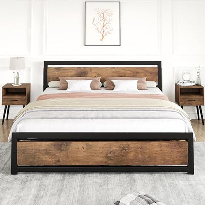 GAOMON Queen Size Bed Frame with Wood Headboard, Industrial Queen Platform Bed with Heavy Duty Slat Support, 14 inch Queen BedFrame Mattress Foundation No Box Spring Needed - Queen