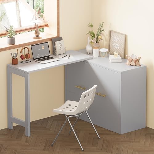 JIVOIT Twin Size Murphy Chest Dresser Bed with Desk, Foldable Cushion, Murphy Cabinet Bed with Adjustable Position Desk for Guest Room, Small Space, No Box Spring Needed (Gray//17) JIVOIT