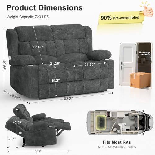 MOSGAT RV Loveseat Recliner Sofa, Reclining Loveseat Home Theater Seating with USB Ports, Cup Holders, Insert Pockets, Wall Hugger RV Recliners for Movie Room, Recline Movie Seats Gaming Sofa, Gray