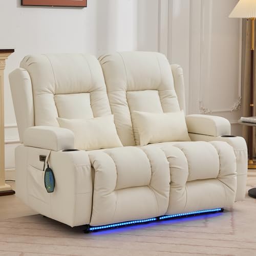 IPKIG Power Loveseat Recliner Sofa, Wall Hugger Reclining Chair with LED Lights, Side Pockets, Cup Holders, Massage & Heating, RV Recliners Couch Dual Sofa Reclinable, White
