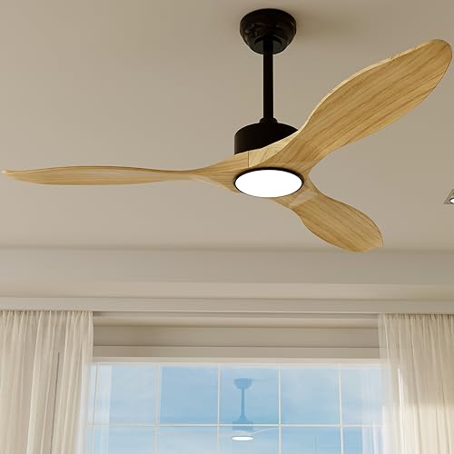 REVOICI Ceiling Fans with Lights Remote 52inch Natural Solid Wood Fan Timing 6Speeds Silent Reversible DC Motor 3CCT LED Light with Memory Lighting Function Indoor Outdoor Fan Farmhouse Bedro - WoodArtSupply